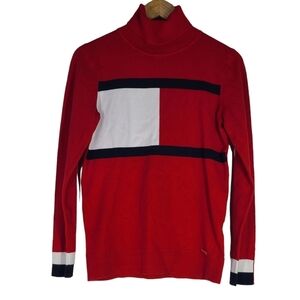 Tommy Hilfiger Size‎ M Red Sweater Red Blue Color Block Pullover Turtleneck